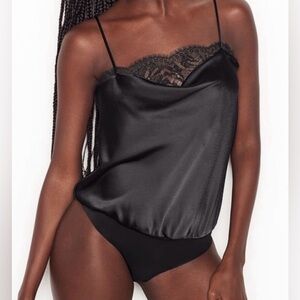 Victoria’s Secret Satin Cowl-Neck Lace Thong Bodysuit in Black Size Small